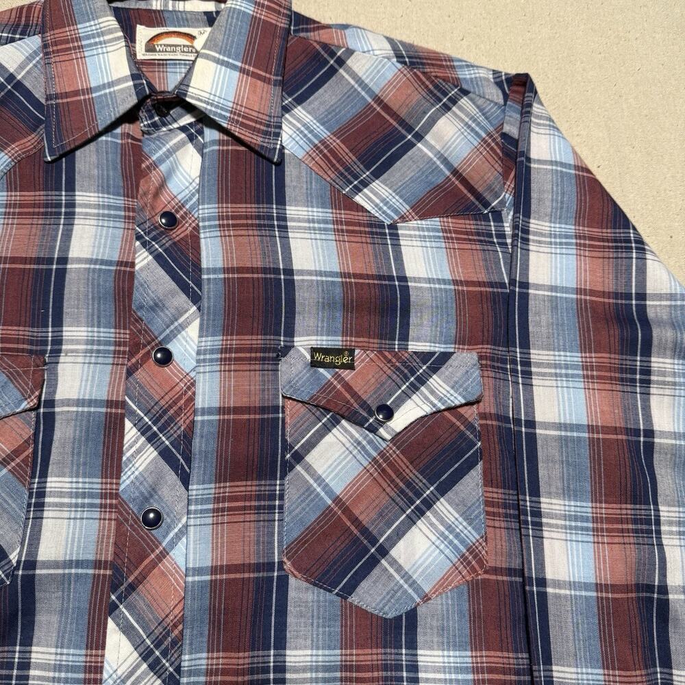 VTG Wrangler Shirt Mens Medium Blue Plaid Western Pearl Snap Sawtooth 70s 80s - Picture 3 of 7